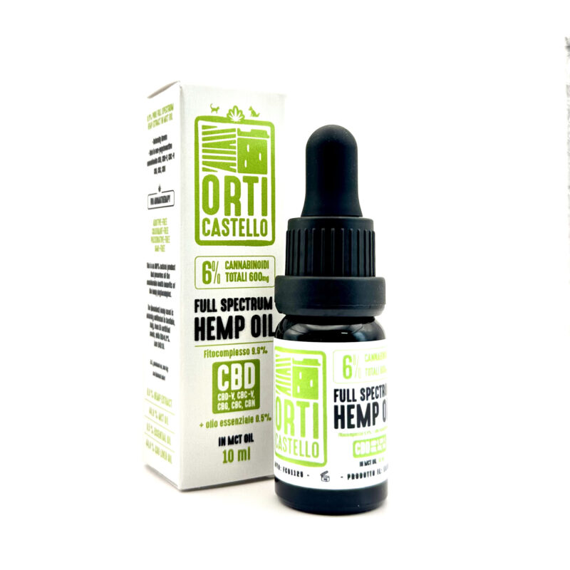 Olio di Cannabidiolo Full Spectrum 6% Orti Castello, ricco di cannabinoidi naturali per favorire equilibrio e calma.