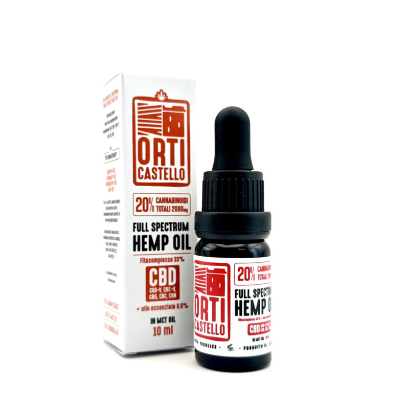 Olio CBD ad alta concentrazione 20% Orti Castello, estratto completo di cannabidiolo puro per un benessere a 360 gradi.