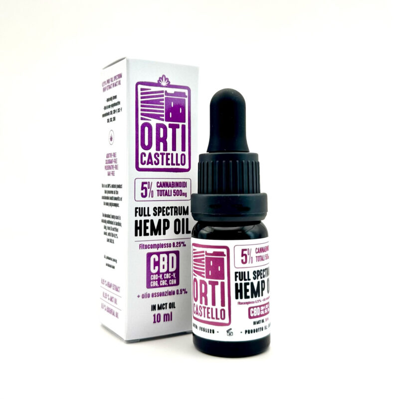 Olio CBD Full Spectrum al 5% di Orti Castello, estratto di canapa sativa per il relax e il benessere quotidiano.